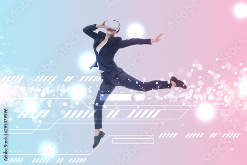 businesswoman in virtual reality headset levitating on blue and pink gradient background with cyberspace illustration