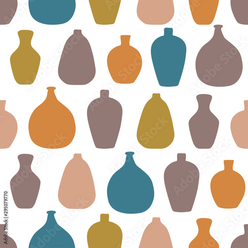 Vases and bottles seamless vector pattern for the kitchen.  Different shapes and natural colors.