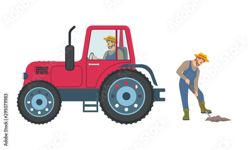 Tractor cultivation of land done by farmers. Man with shovel digging soil, male driving on transport helping to cultivate ground field icons vector