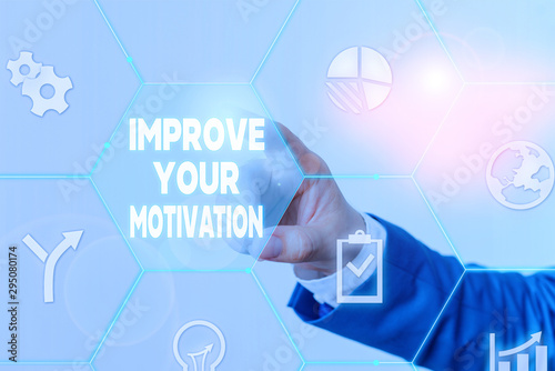 Handwriting text Improve Your Motivation. Conceptual photo Boost your self drive Enhance Motives and Goals Male human wear formal work suit presenting presentation using smart device photo