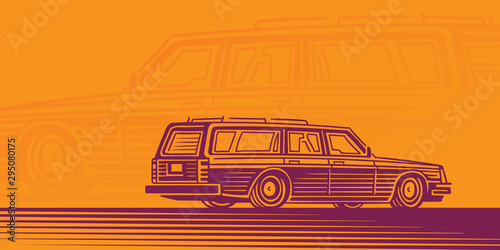 Retro estate car illustration, station wagon illustration, card template. Vector, layered. 