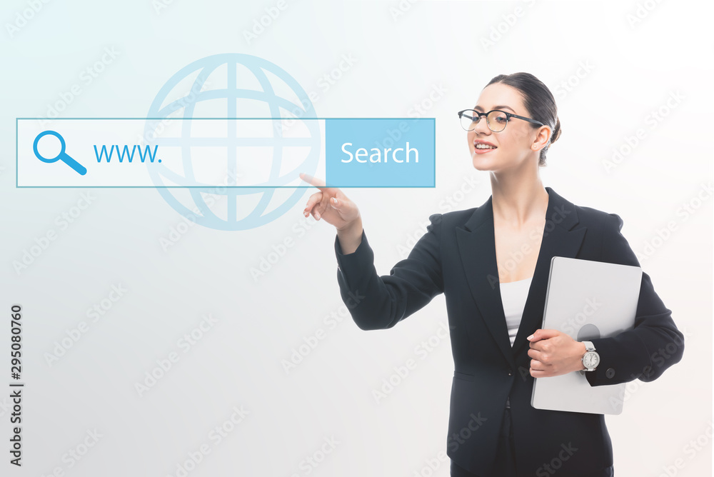 smiling businesswoman pointing with finger at search field illustration on grey background smiling businesswoman pointing with finger at search field illustration on grey background