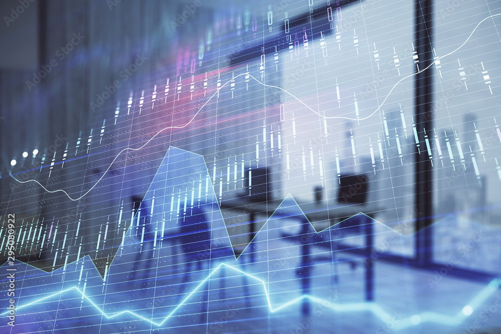 Business theme graph hologram with minimalistic cabinet interior background. Double exposure. Stock market concept. Business theme graph hologram with minimalistic cabinet interior background. Double exposure. Stock market concept.