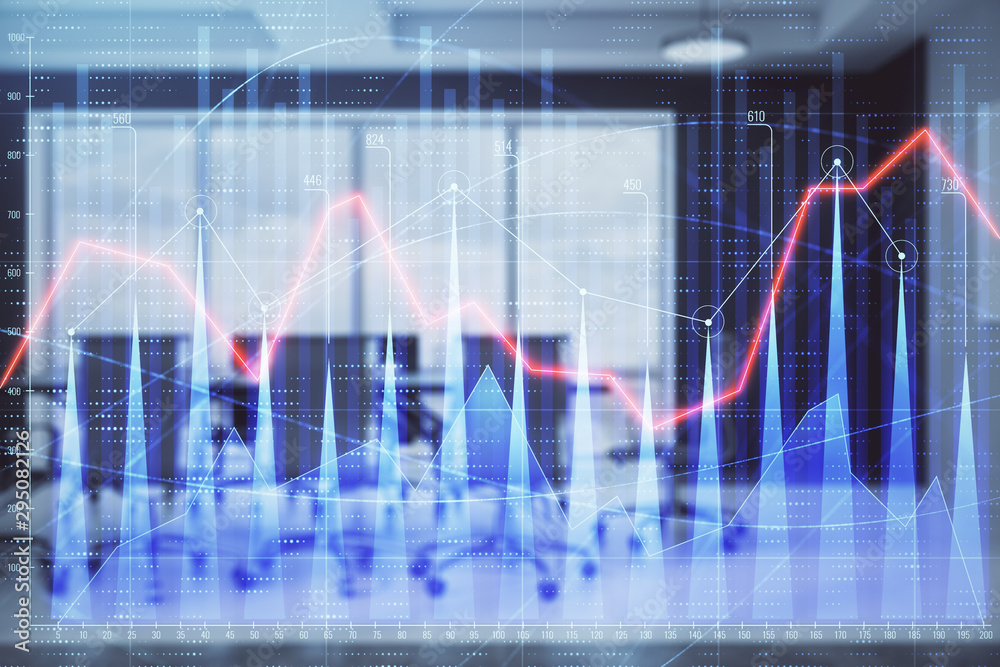 Double exposure of forex chart on conference room background. Concept of stock market analysis Double exposure of forex chart on conference room background. Concept of stock market analysis