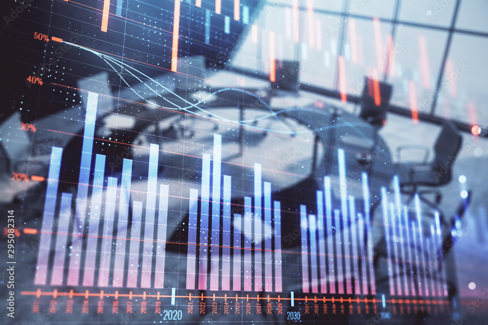 Double exposure of forex chart on conference room background. Concept of stock market analysis Double exposure of forex chart on conference room background. Concept of stock market analysis