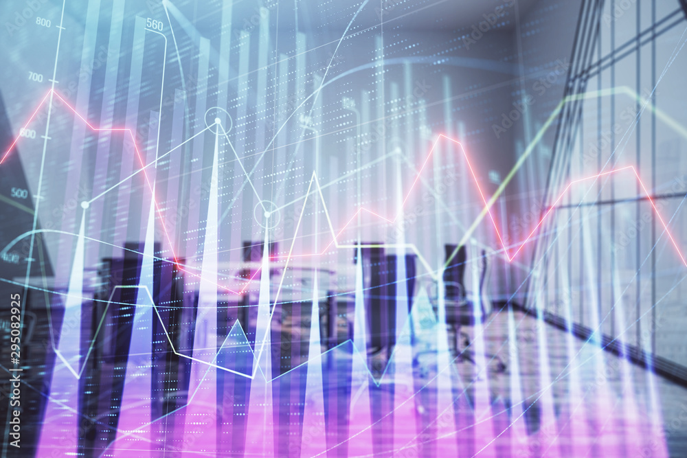 Multi exposure of stock market graph on conference room background. Concept of financial analysis Multi exposure of stock market graph on conference room background. Concept of financial analysis