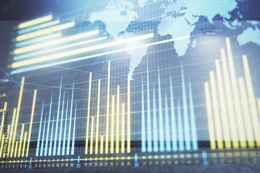 Double exposure of financial chart with world map on empty room interior background. International market concept. Double exposure of financial chart with world map on empty room interior background. International market concept.