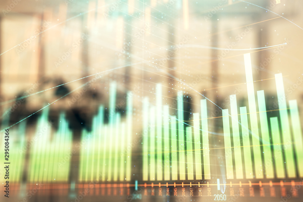 Stock and bond market graph with trading desk bank office interior on background. Multi exposure. Concept of financial analysis Stock and bond market graph with trading desk bank office interior on background. Multi exposure. Concept of financial analysis