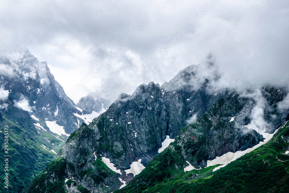 mountain landscape - mountains forest, rocks glaciers snow clouds, Dombay, Karachay-Cherkessia, Russia