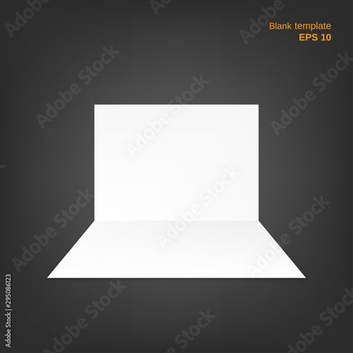Vector illustration of open half-fold paper sheet with shadows. Empty white page on grey background. This blank can be used as a mock up, template and backgrounds for your own projects. EPS 10 file.