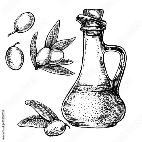 Bottle with olives and olive oil. Vintage retro style illustration for package. Cosmetic with olive oil and organic farm healthy food