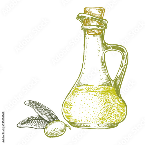 Bottle with olives and olive oil. Vintage retro style illustration for package. Cosmetic with olive oil and organic farm healthy food