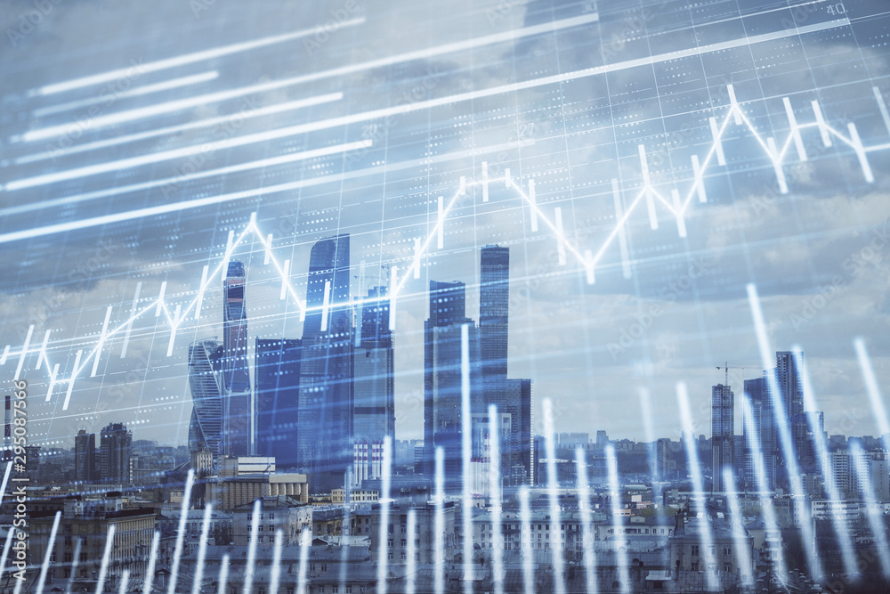 Double exposure of financial graph on downtown veiw background. Concept of stock market research and analysis Double exposure of financial graph on downtown veiw background. Concept of stock market research and analysis
