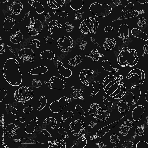 seamless vector vegetable pattern on black chalkboard. Hand drawn line art vegetable background on blackboard. vintage chalk drawn veggies template for print, wallpaper, package decor, farm goods