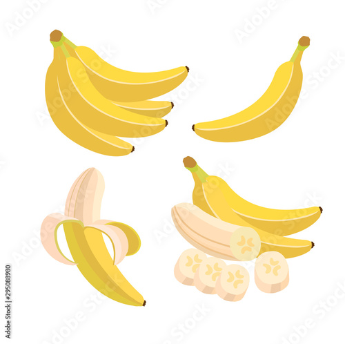 Vector set of colored banana bunch, singl, peeled and sliced