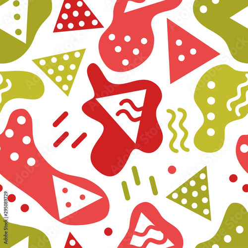 Simple abstract seamless pattern with triangles, dots, waves and stripes. Festive Christmas theme in red and green.