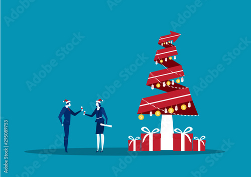 Business man and woman celebrate Merry Christmas And Happy New Year. Flat Vector Illustration. © TA design