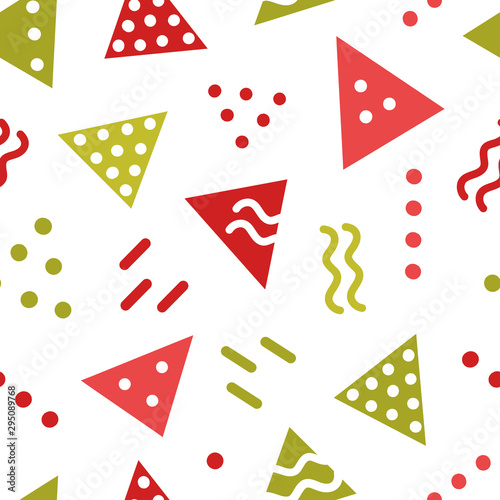 Simple abstract seamless pattern with triangles, dots, waves and stripes. Festive Christmas theme in red and green.