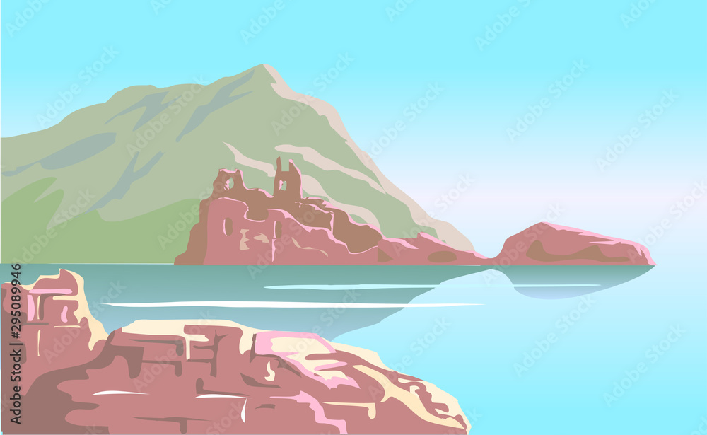 Fototapeta Ruiny starożytnego zamku na tle górskiej wyspy
