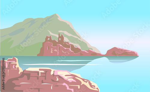 Ruins of the ancient castle on mountain island background