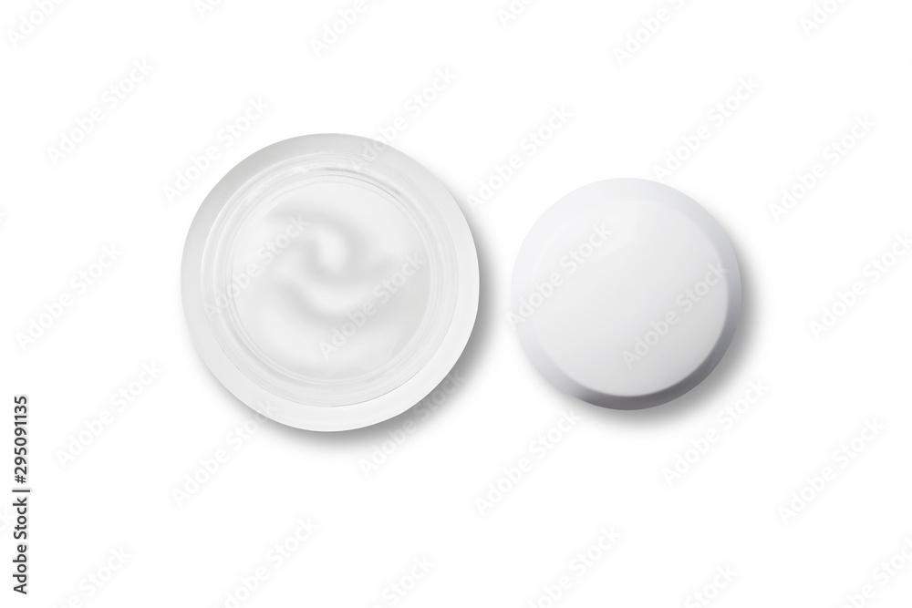 Cosmetic blank label for mock-up white cream bottle top view, Cream in open pot - Clipping path Cosmetic blank label for mock-up white cream bottle top view, Cream in open pot - Clipping path