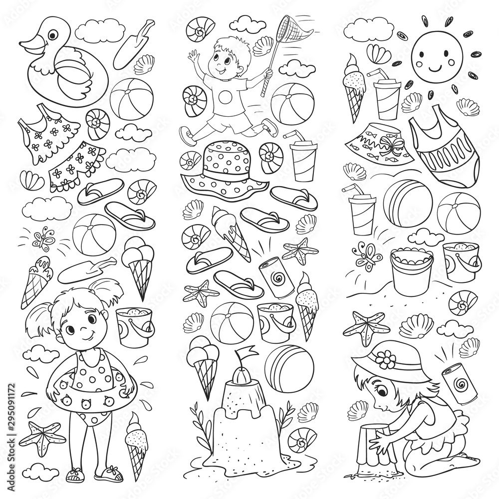 Vector pattern with little chilren. Family summer vacations. Beach, ocean, island, sun. Kids play. Swimming and relaxation.