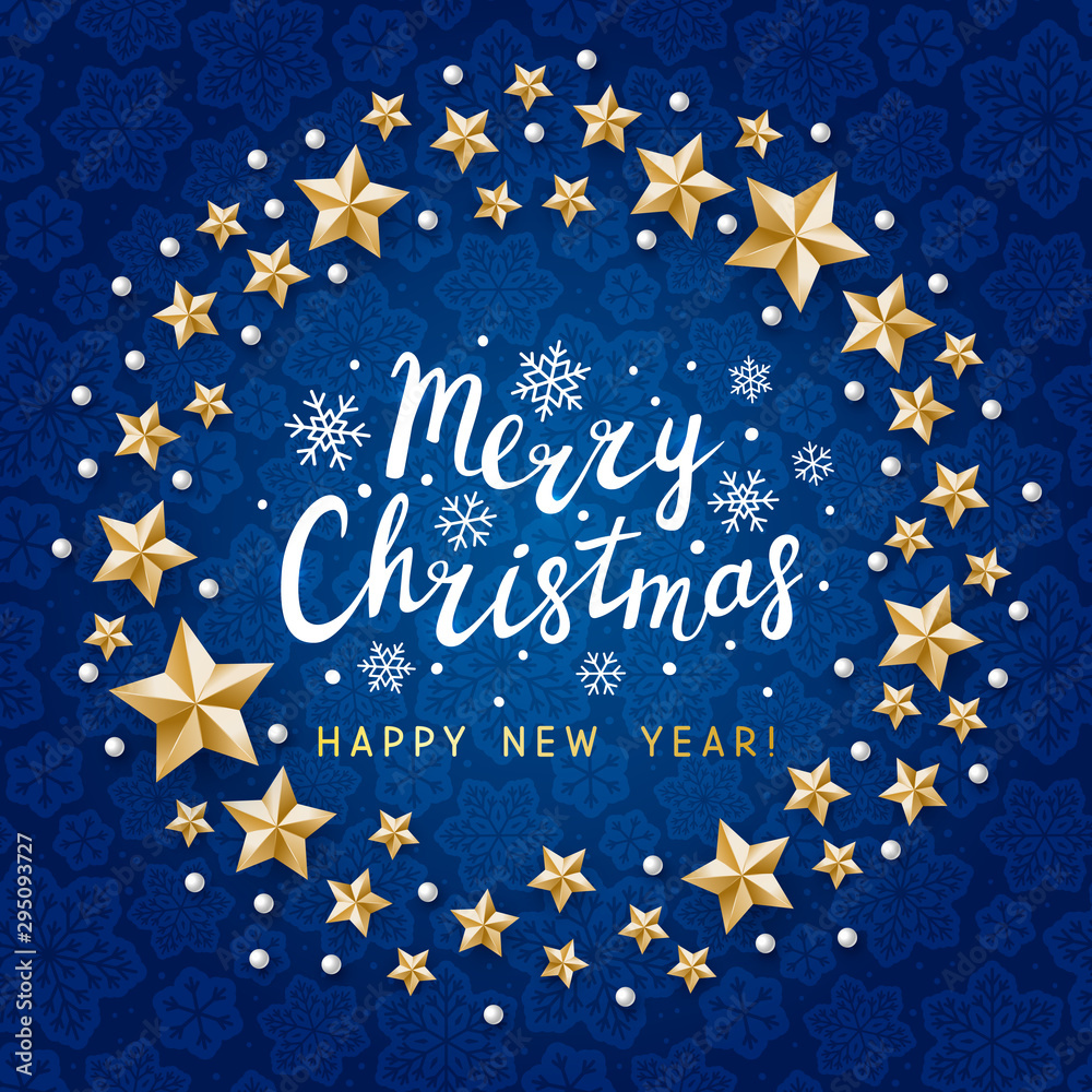 Christmas greeting card with golden stars decor on blue background - vector round frame for winter holiday design Christmas greeting card with golden stars decor on blue background - vector round frame for winter holiday design