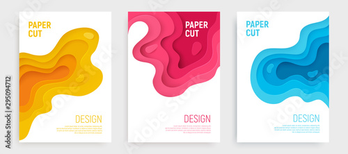 Paper cut banner set with 3D slime abstract background and blue, pink, yellow waves layers. Abstract layout design for brochure and flyer. Paper art vector illustration