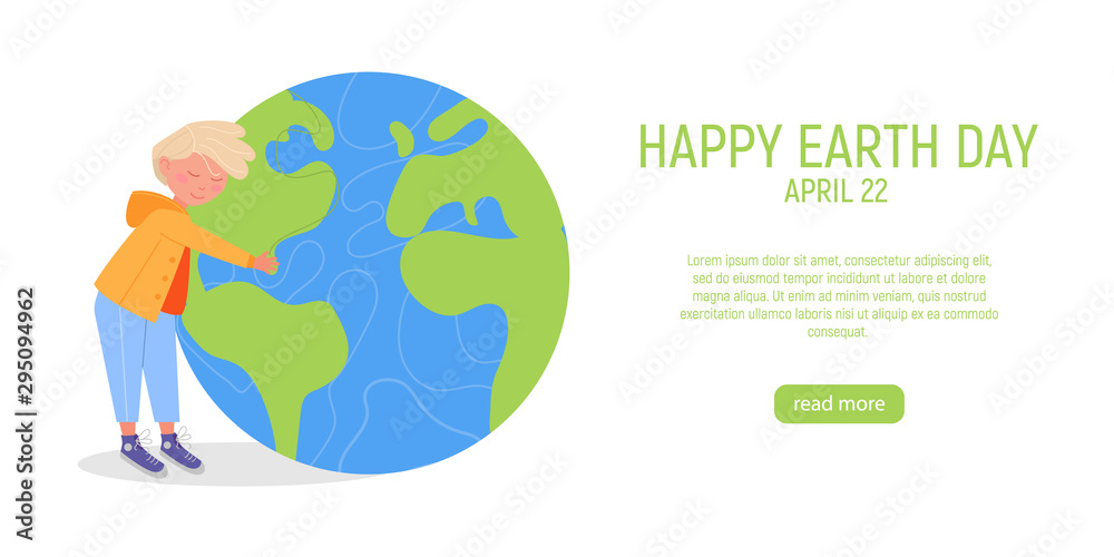 Happy Earth Day Banner. Little cute boy is hugging planet. World environment day background. Save the earth. Green day. Happy Earth Day Banner. Little cute boy is hugging planet. World environment day background. Save the earth. Green day.