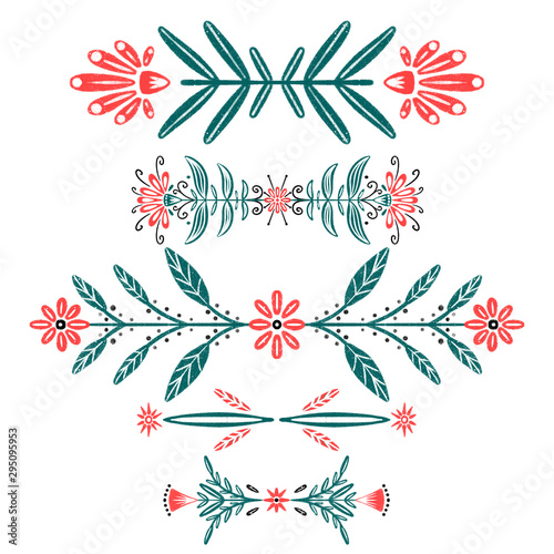 Folk illustration. Hand drawn floral borders