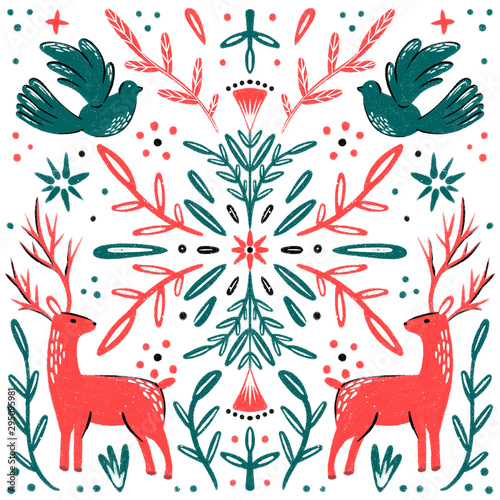 Folk illustration. Hand drawn composition with animals and floral elements