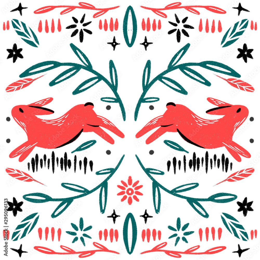 Naklejka premium Folk illustration. Hand drawn composition with animals and floral elements