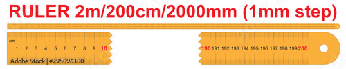 Ruler of 2000 millimeters. Ruler of 200 centimeters. Ruler of 2 meters. Calibration grid, mockup. 1 mm increment.