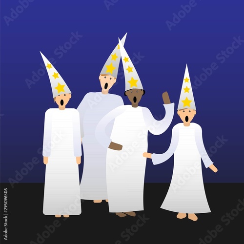 Four singing star boys, traditional celebration at Lucia, 13th of December in Sweden. Vector Illustration.