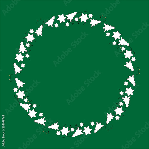 Happy New Year seamless wreath with gingerbread Christmas trees and branches on a green background.