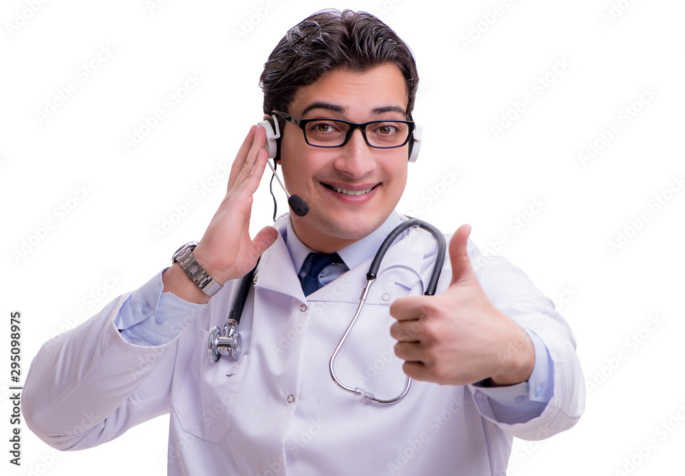 Young doctor with phone headset isolated on white Young doctor with phone headset isolated on white