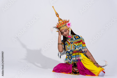 Asian woman in traditional costume of Southern Thailand. Nora dance show. photo