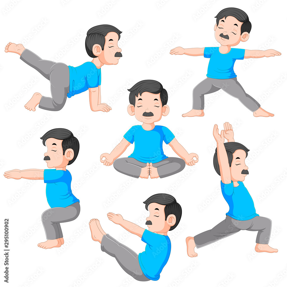 Cartoon man in various poses of yoga