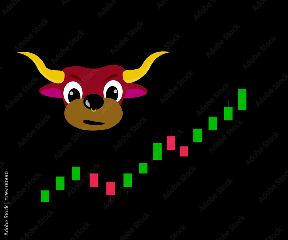 Fototapeta premium young bull, bullish market sign in stock exchange or currency exchange market, comic style, vector illustration.