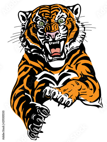Angry leaping tiger. Jumping big cat. Front view. Isolated tattoo style vector illustration
