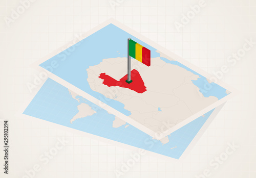 Mali selected on map with 3D flag of Mali.