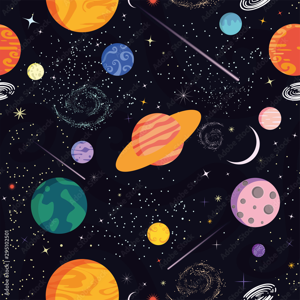 Seamless vector pattern. Space, universe. Abstract background. Different colored planets (planets of the Solar system and fantastic), stars, comets, galaxies. Starry sky. Outer space template.