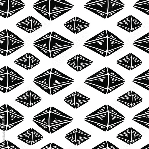 Diamonds on a white background. Seamless vector pattern with diamonds. Black crystals. Texture for textile, wrapping paper, cover, background, wallpaper.