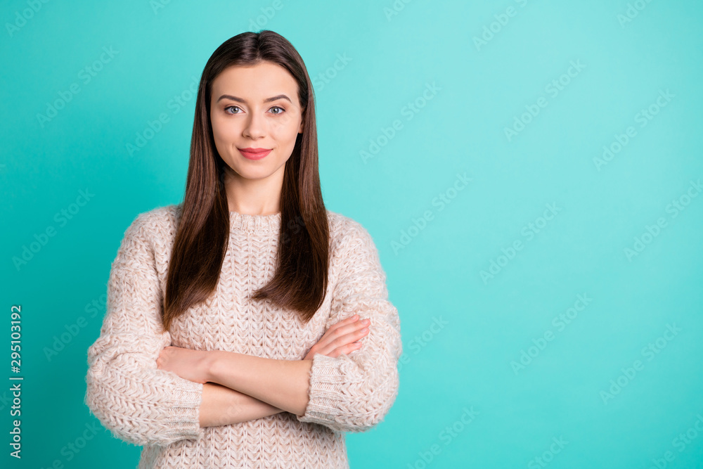Copyspace photo of charming cute lovely dreamy girlfriend standing with hands folded wearing jumper isolated over turquoise vivid color background - obrazy, fototapety, plakaty 