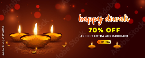 Website header or banner design with illustration of realistic illuminated oil lamps on blurred bokeh background for Diwali festival use for sale, poster, web header.