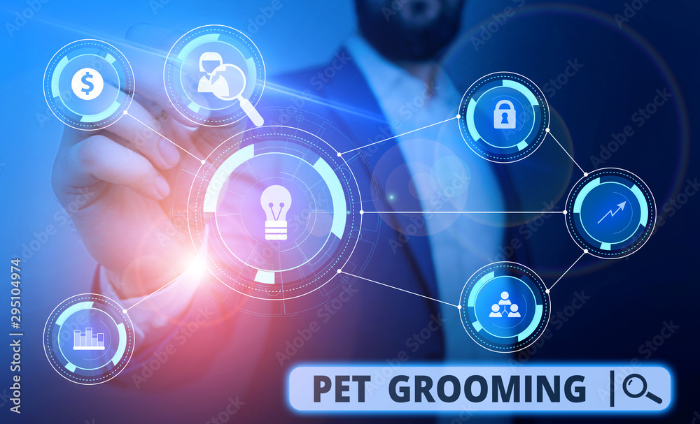 Word writing text Pet Grooming. Business photo showcasing hygienic care and enhancing the appearance of the pets Male human wear formal work suit presenting presentation using smart device Word writing text Pet Grooming. Business photo showcasing hygienic care and enhancing the appearance of the pets Male human wear formal work suit presenting presentation using smart device