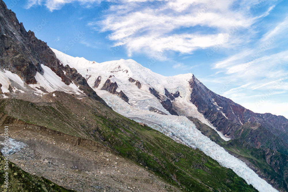 Mont Blanc Massif, France. Mountain peaks and glacier on the slope