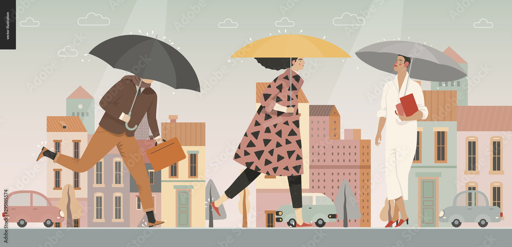 Obraz premium Rain -walking people -modern flat vector concept illustration of people with umbrella, walking or standing in the rain in the street, city houses and cars.