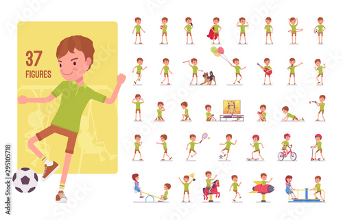 Boy child 7 to 9 years old, school age kid character set. Schoolboy, active guy in summer wear, fun and entertainment playing on playground. Full length, different views, gestures, emotions and poses