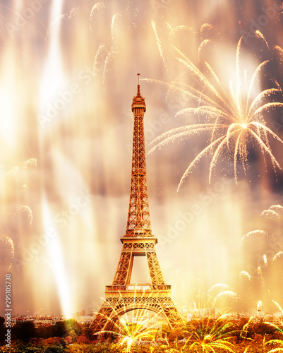 romantic New Year destination Eiffel tower with fireworks Paris, France © Melinda Nagy